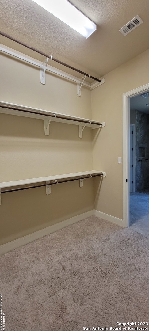 walk in closet featuring light carpet