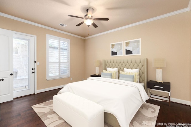 bedroom featuring ceiling fan, crown molding, dark wood-type flooring, and access to exterior