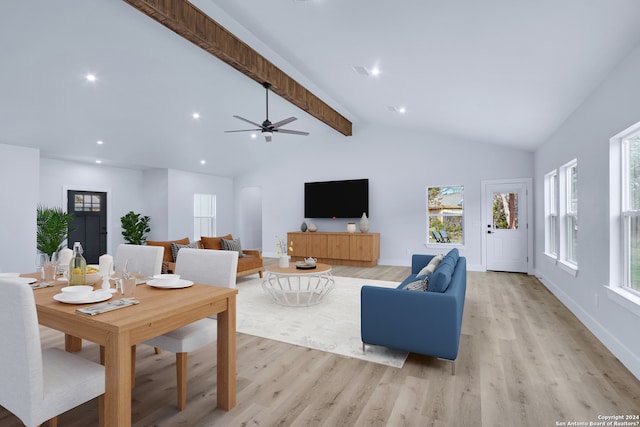 living room featuring ceiling fan, a wealth of natural light, light wood-type flooring, and beamed ceiling