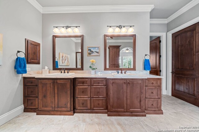 bathroom featuring dual bowl vanity, tile flooring, and crown molding