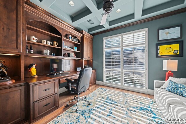 office with coffered ceiling, ceiling fan, beamed ceiling, light hardwood / wood-style floors, and built in desk