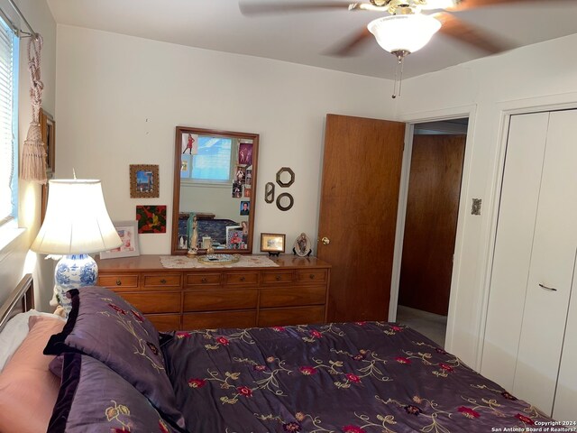 bedroom featuring carpet flooring, multiple windows, a closet, and ceiling fan