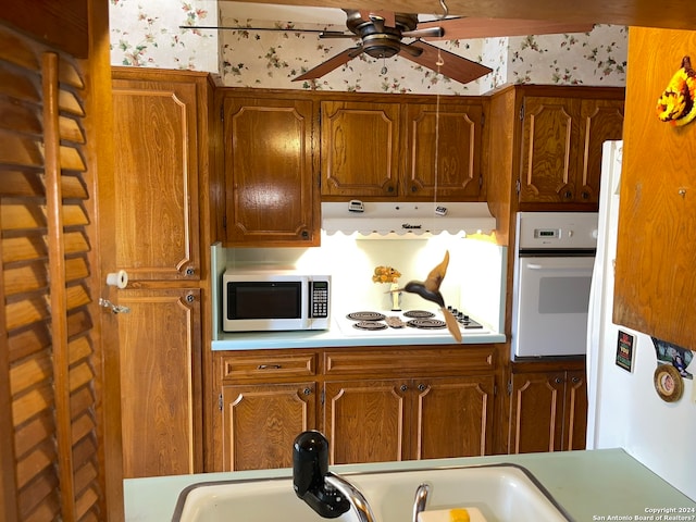 kitchen with white appliances, sink, ceiling fan, and ventilation hood