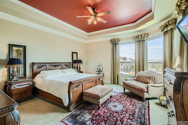 carpeted bedroom with ceiling fan, crown molding, and a raised ceiling