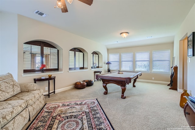 recreation room featuring pool table, ceiling fan, a healthy amount of sunlight, and light colored carpet