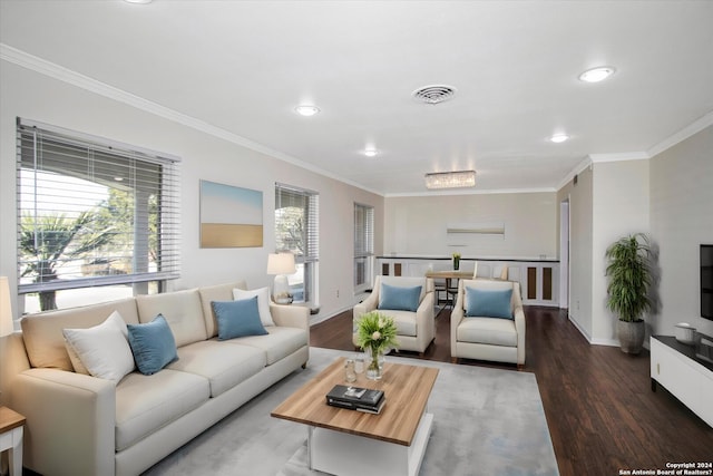 living room featuring plenty of natural light, hardwood / wood-style flooring, and crown molding