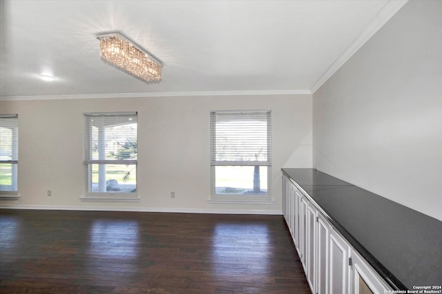 empty room with crown molding and dark wood-type flooring