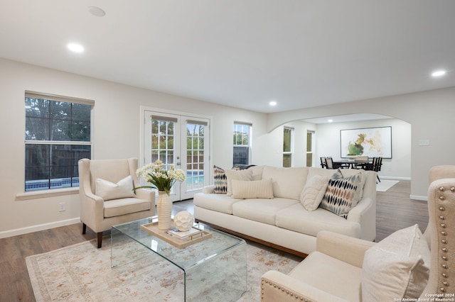 living room featuring french doors and hardwood / wood-style floors