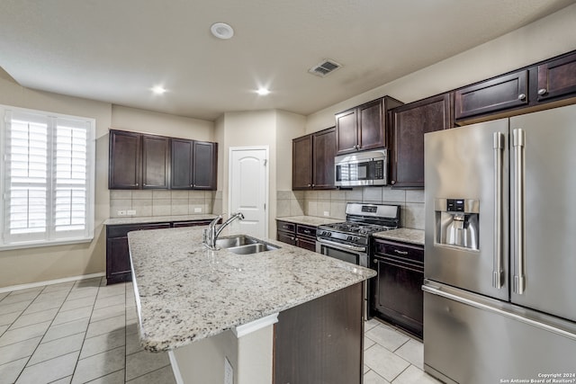 kitchen featuring backsplash, a center island with sink, stainless steel appliances, and sink