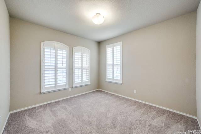 unfurnished room with a textured ceiling and light colored carpet