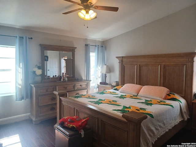 bedroom featuring ceiling fan and dark wood-type flooring