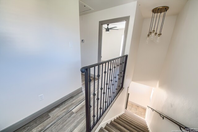 stairway with ceiling fan and wood-type flooring