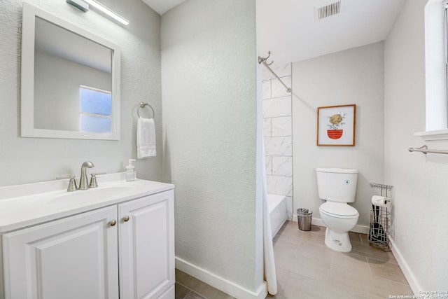 full bathroom featuring vanity, tile flooring, shower / tub combination, and toilet