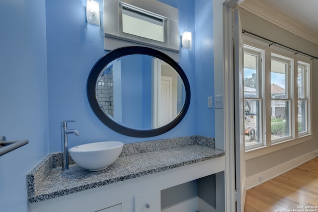 bathroom featuring hardwood / wood-style floors, vanity, and crown molding