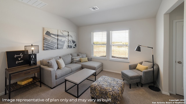 living room with carpet flooring and lofted ceiling