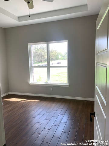 unfurnished room with ceiling fan, a raised ceiling, plenty of natural light, and dark hardwood / wood-style floors