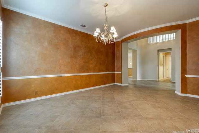 unfurnished room with light tile floors, a notable chandelier, and ornamental molding