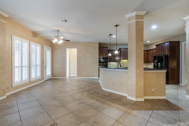 kitchen featuring backsplash, ceiling fan, light tile floors, and black appliances