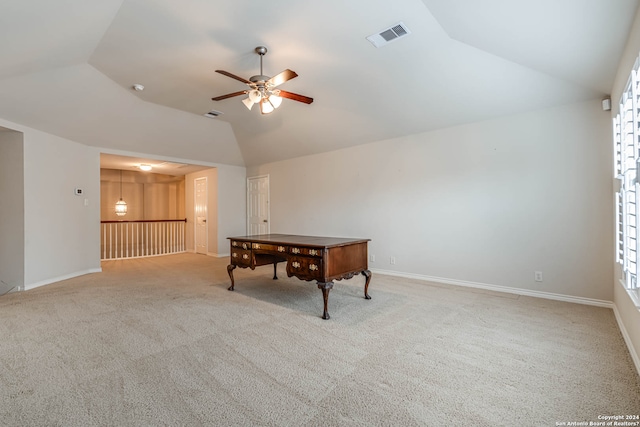 rec room featuring ceiling fan, lofted ceiling, light carpet, and a healthy amount of sunlight