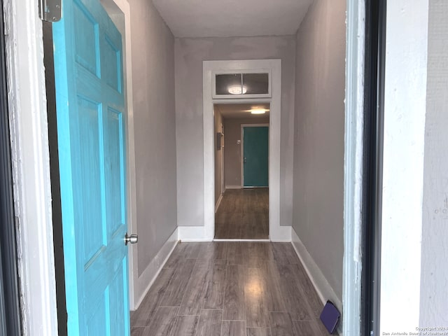 hallway with dark hardwood / wood-style flooring