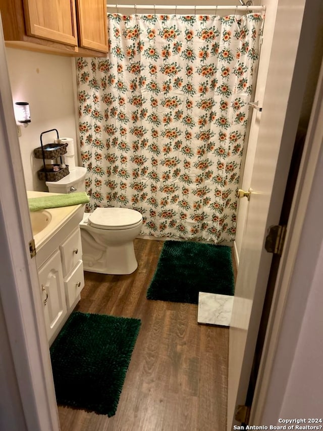 bathroom featuring toilet, hardwood / wood-style floors, and vanity