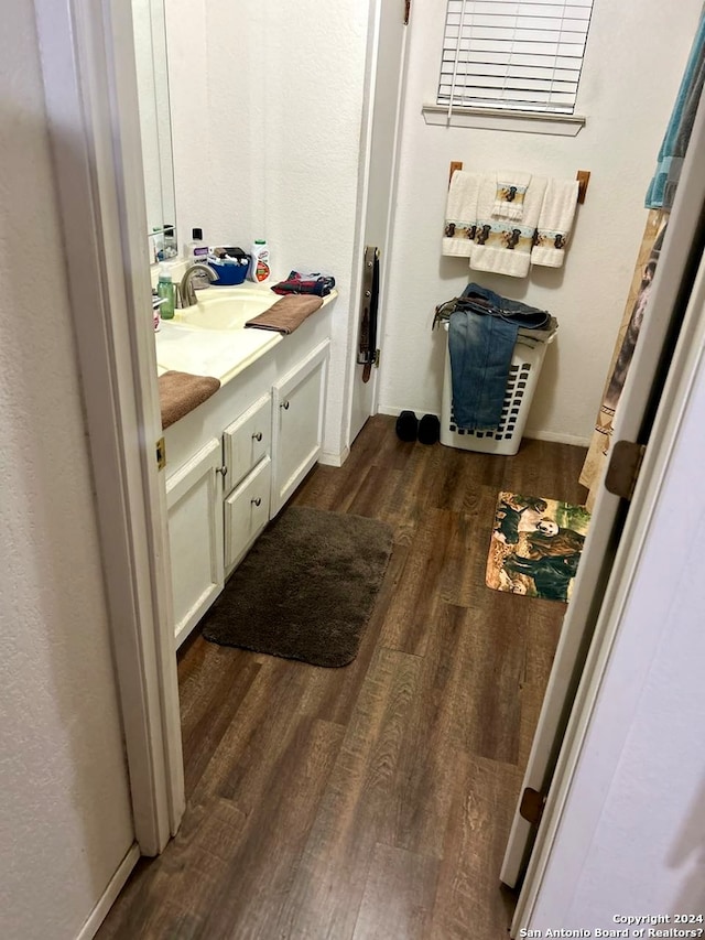 bathroom featuring hardwood / wood-style floors and oversized vanity