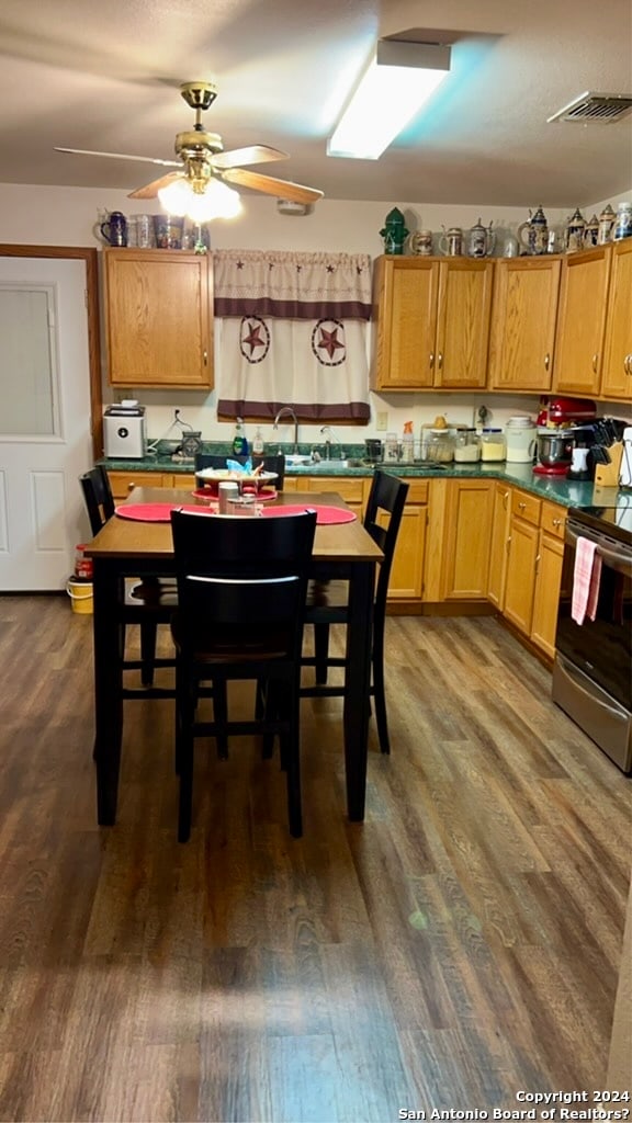 kitchen featuring dark hardwood / wood-style flooring, ceiling fan, sink, and electric stove