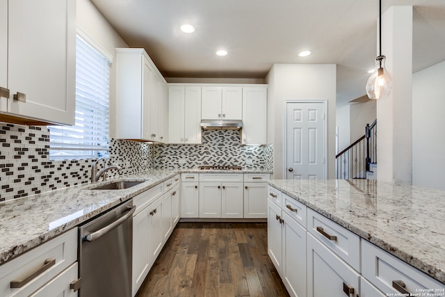 kitchen with under cabinet range hood, stainless steel appliances, a sink, white cabinetry, and dark wood finished floors