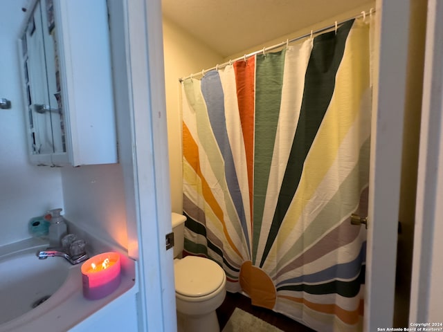 bathroom with toilet and a shower with curtain