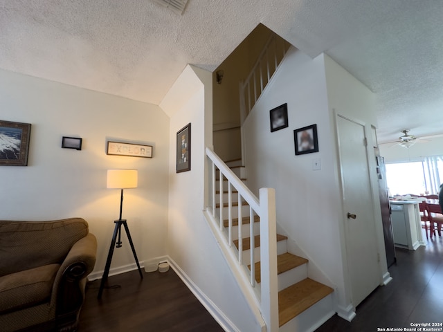 stairway with wood-type flooring, a textured ceiling, and ceiling fan