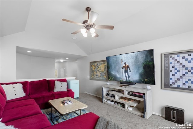 living room featuring light carpet, vaulted ceiling, and ceiling fan