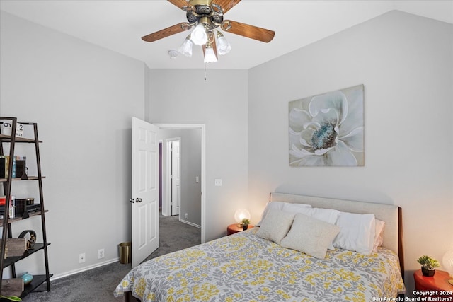 bedroom with dark colored carpet and ceiling fan