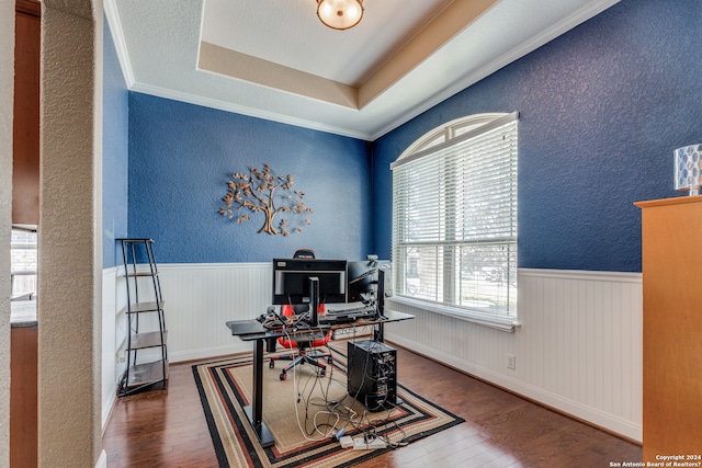 office area with a raised ceiling, crown molding, and dark hardwood / wood-style flooring