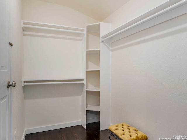 spacious closet with dark wood-type flooring and vaulted ceiling