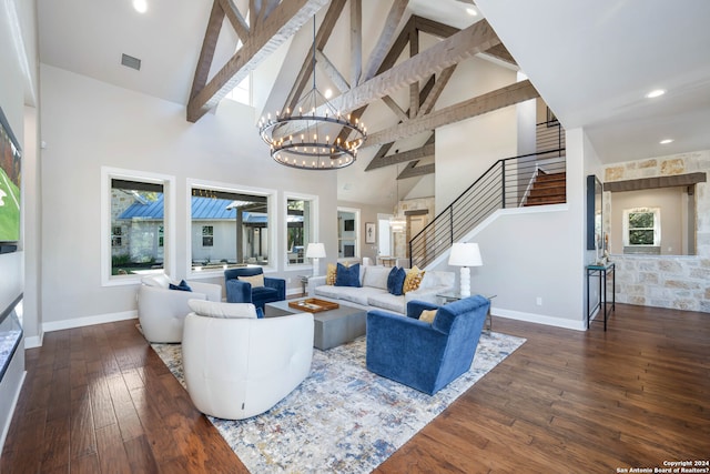 living room with high vaulted ceiling and dark wood-type flooring