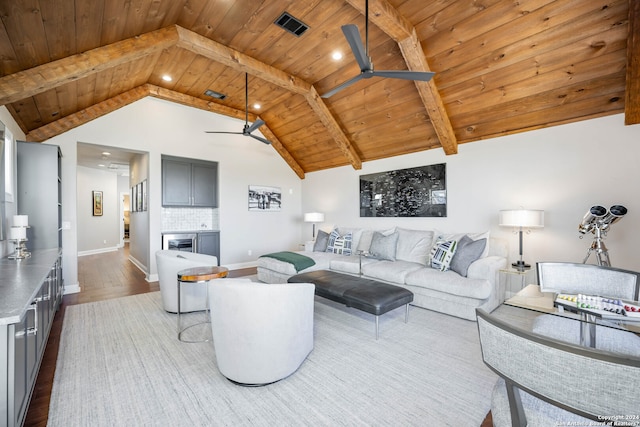 living room featuring light hardwood / wood-style flooring, beam ceiling, high vaulted ceiling, wooden ceiling, and ceiling fan