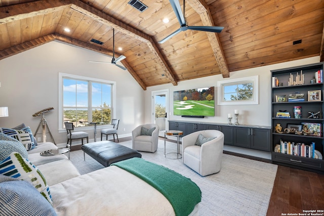 living room featuring wooden ceiling, ceiling fan, and wood-type flooring