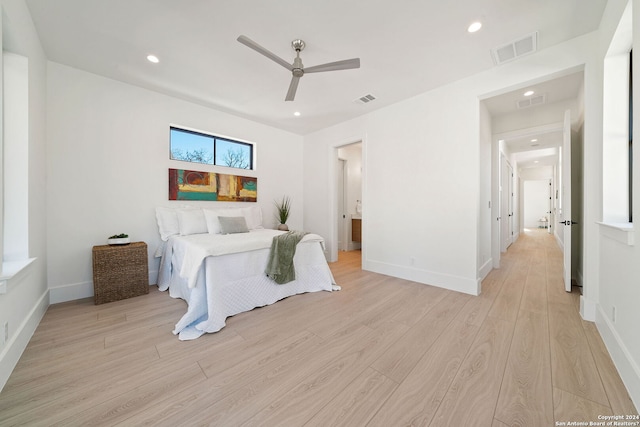 bedroom featuring ceiling fan and light wood-type flooring