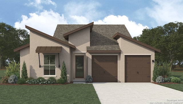 view of front of home with a shingled roof, a front lawn, stucco siding, driveway, and an attached garage