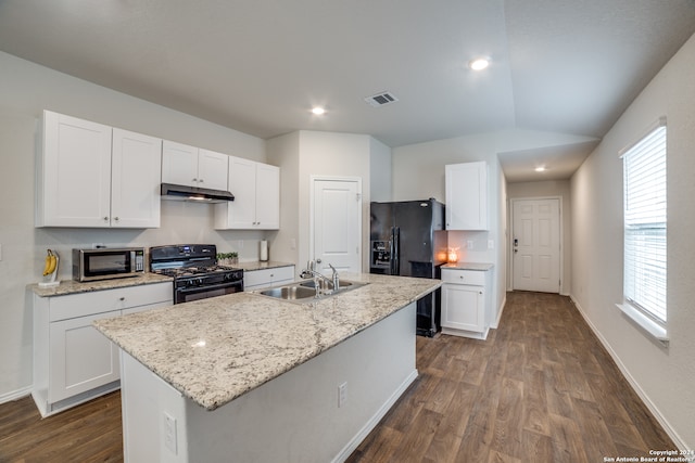 kitchen with white cabinets, a center island with sink, dark hardwood / wood-style floors, black appliances, and sink