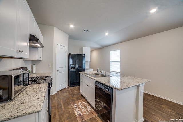 kitchen with dark hardwood / wood-style flooring, a kitchen island with sink, black appliances, and sink