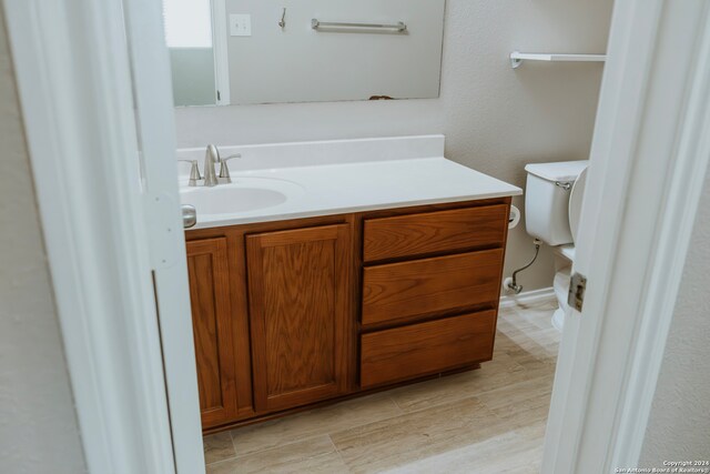 bathroom featuring toilet, vanity, and wood-type flooring