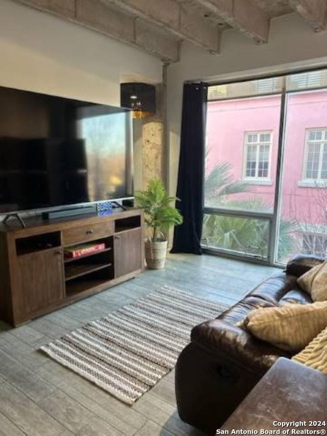 living room featuring light hardwood / wood-style flooring and beamed ceiling