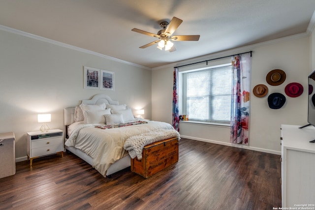 bedroom with crown molding, dark hardwood / wood-style flooring, and ceiling fan