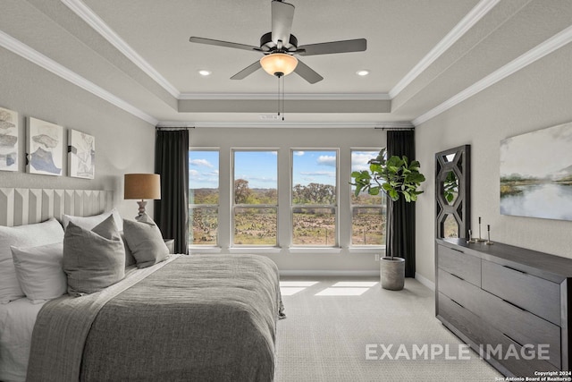 carpeted bedroom featuring ceiling fan, crown molding, and a tray ceiling