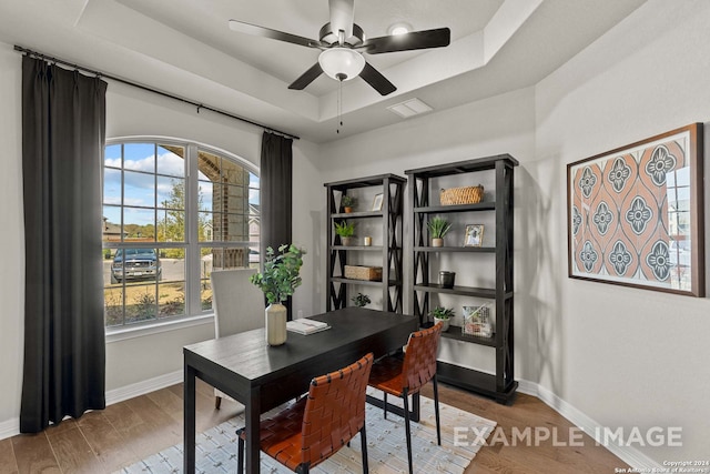 office space featuring plenty of natural light, a tray ceiling, ceiling fan, and dark wood-type flooring