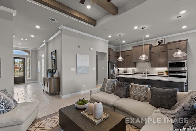 living room with crown molding, ceiling fan, sink, and beam ceiling