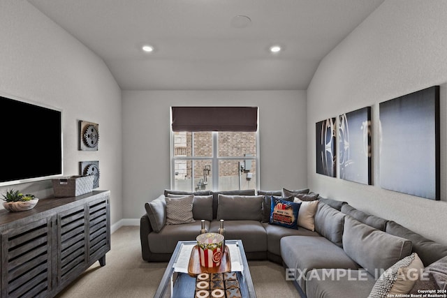 living room featuring light carpet and vaulted ceiling