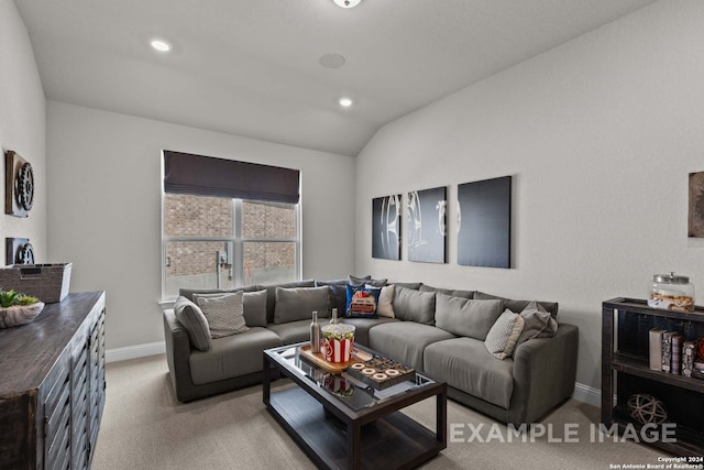 carpeted living room with vaulted ceiling