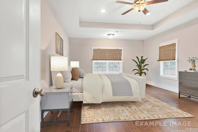 bedroom featuring dark hardwood / wood-style floors, a raised ceiling, and multiple windows